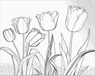 Színező öt magas tulipánnal és hosszú levelekkel egy apró virágos ágyás fölött